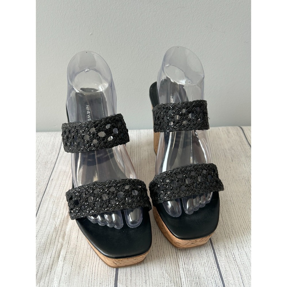 Nine West Sandals Womens 9.5 Black Raffia Cork Wedge Platform‎ Slip On Strappy
